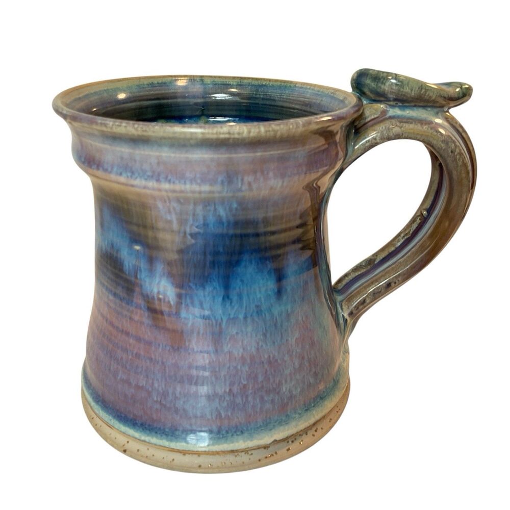 Blue Purple Pottery Art Glazed Coffee Tea Mug Pig Logo Handmade 12 Oz
